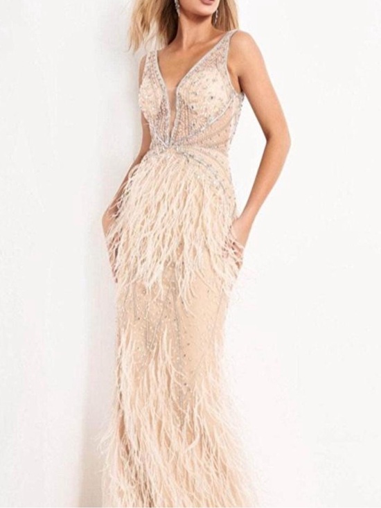 Jovani Dresses & Skirts - Jovani Cream Feather & Beaded Evening Gown